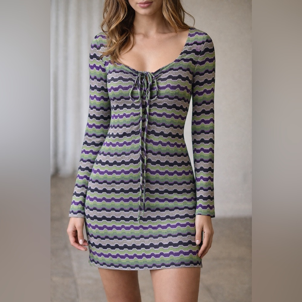 Zara Metallic Chevron Lace-Up‎ Mini Party Club Date Dress Green Purple XS